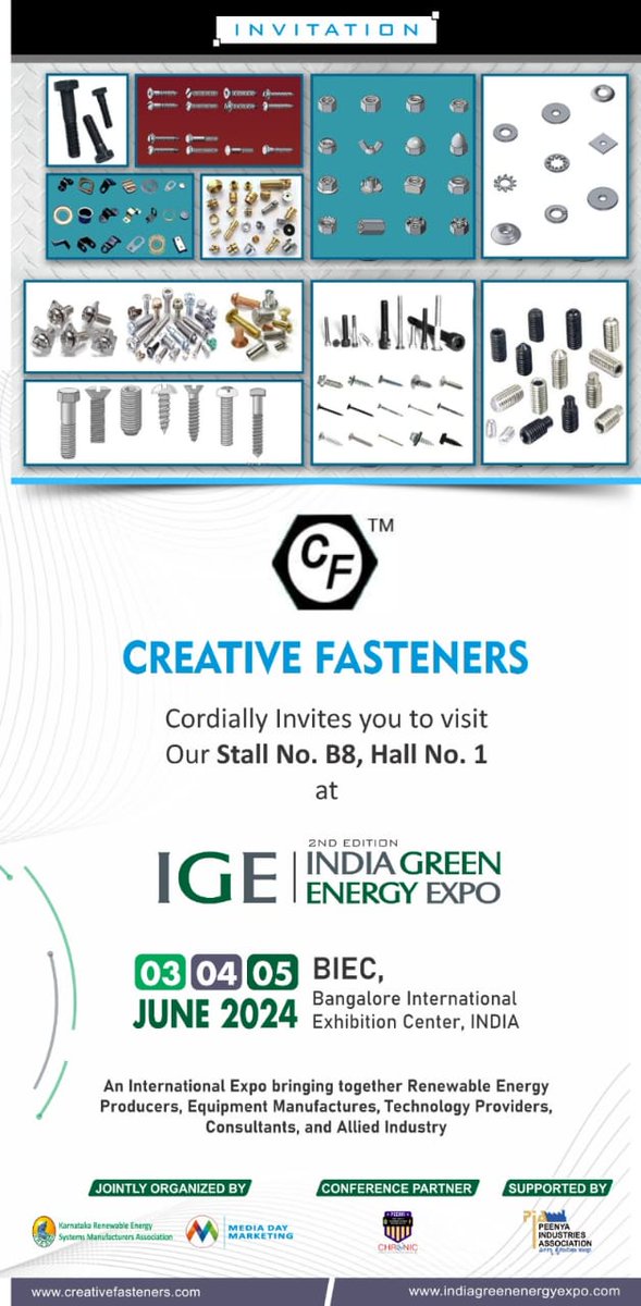 Join us at 

The India Green Energy Expo, 
June 3-5, 2024,
 @BIECentre!!!

🌿Discover Creative Fasteners, a trusted CFL Brand since 1999, renowned for quality and timely service. Meet our skilled team and explore our eco-friendly solutions. #IGE2024 #GreenEnergy #MohamedMediaBuzz