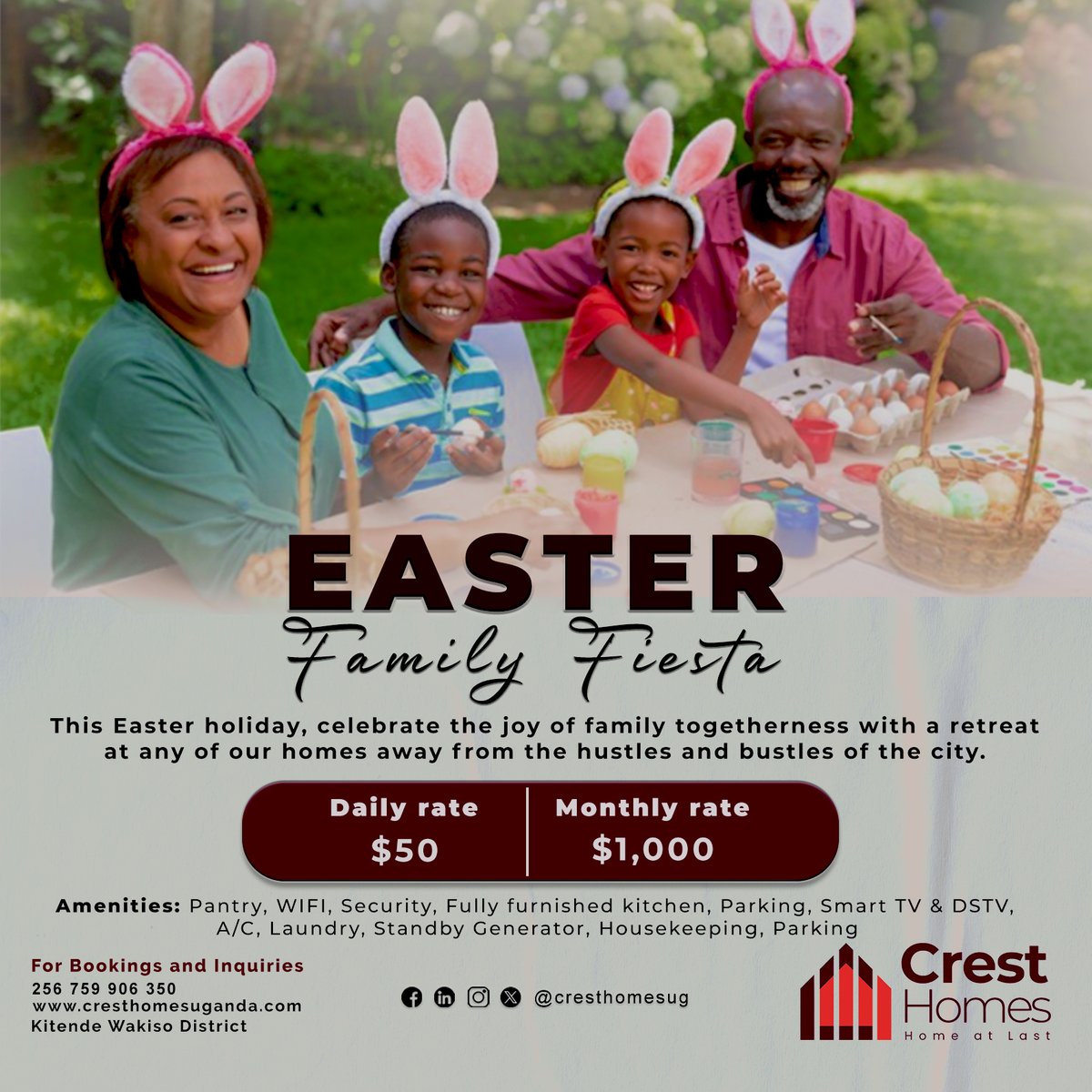 Ready for an Easter retreat filled with joy, laughter and precious family moments? Our homes are the perfect choose for you to create lasting memories together with your family. Book your staycation today 256759906350 or 0772121249 #Homeatlast #easter2024 #EasterWeekend