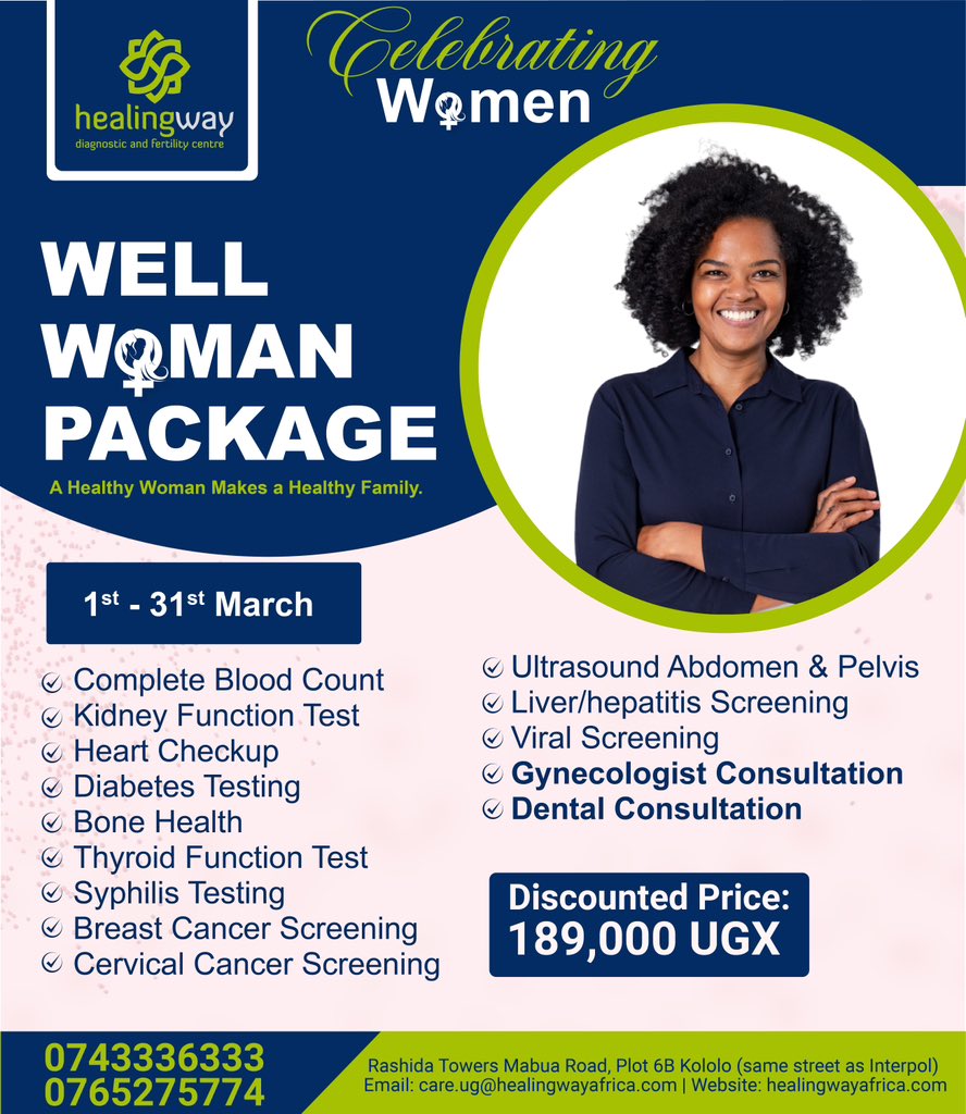 Women !!
Before March ends use this opportunity to visit Healingway and utilize the well women package to cater for your health.

Located at Rashida Towers.