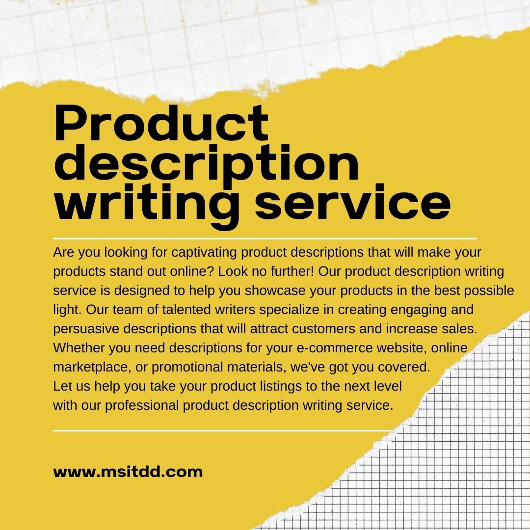 Introducing our top-notch Product Description Writing Service! Let our expert team craft compelling descriptions that captivate your audience and drive sales!
#copywriting #ProductDescription
Contact: msitdd.com/product-descri…
