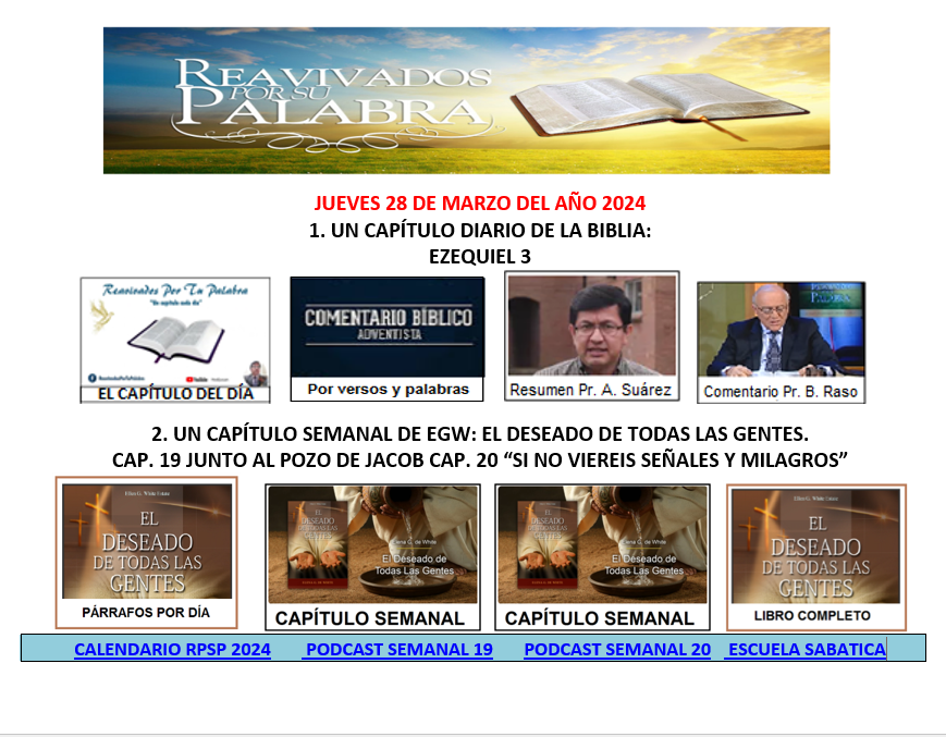 samuelroncal's tweet photo. #RPSP 28 de Marzo  2024. Un capítulo diario de la Biblia. Un capítulo semanal de EGW https://t.co/qI3F1q3Qf1 https://t.co/G9jVp13SsN
