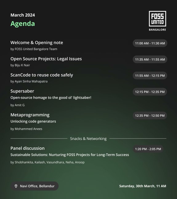 Drumroll please 🥁 The Agenda for our March meetup themed 'FOSS For Everyone' is out 🥳 📅 30th March 🕜 11 AM IST 📍 @navifinance @ayansm23 @layogtima @vasundharaas @know_neha @anoopcodes Biju K, Dr. Kailash Nadh, Shobhankita, Md.Anees @FOSSUnited #Meetup #Bangalore #March