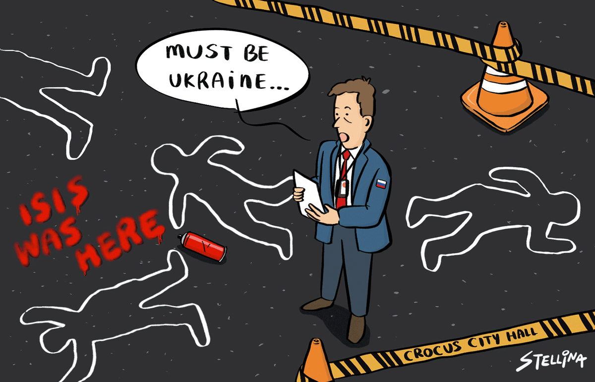 [EDITORIAL] 'ISIS attack in Moscow: Putin blames Ukraine' Our weekly editorial is online on our website: cartooningforpeace.org/en/ ✏️ @amorimcartoons (Brazil), @osamacartoons (Jordan), @toonsbystellina (Taiwan)