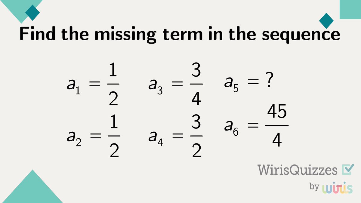 🧩 There's a missing term in this sequence. Put your math skills to the test and try to solve this one! Can you crack it? 💡 #WirisQuizzes #mathquiz #mathproblem #mathexercise #problem #MathType #math #mathematics #geometry #STEM