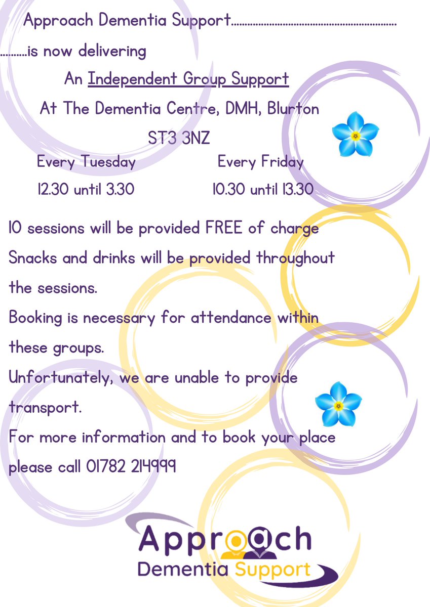 We have spaces available for our independent group, if you would like or know of someone who is living with dementia to attend our Dementia Independent Group for 10 weeks, provide for FREE. Please call 01782 214999. The next 10 weeks start w/c 15th April.