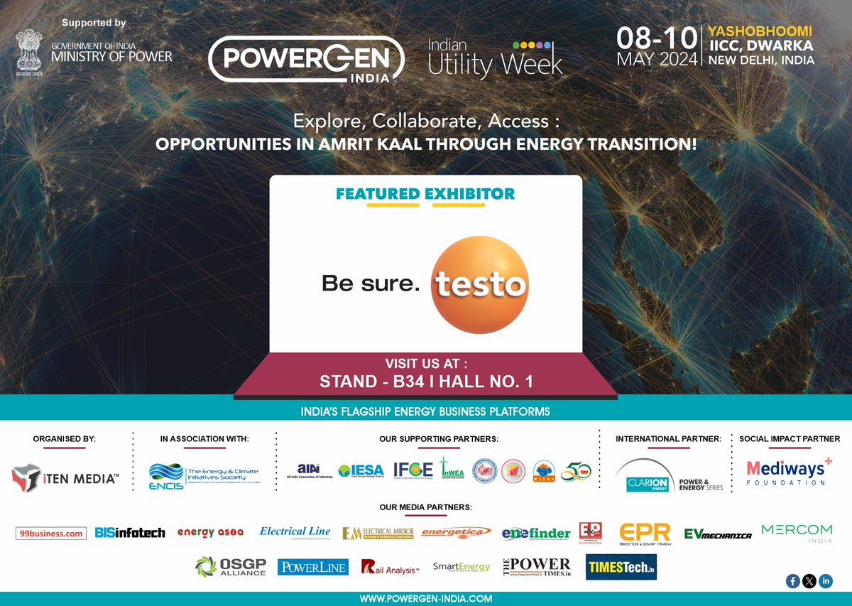 Delighted to announce & welcome ' @TestoIndia ' as our 'Featured Exhibitor' at @PowerGenIndia & @IndianUtilityWk from 8th to 10th May 2024 at Yashobhoomi, IICC Dwarka, New Delhi ! Connect +91-9990401916 | hansika@itenmedia.in #POWERGENIndia #IndianUtilityWeek #PGIndia #iuw