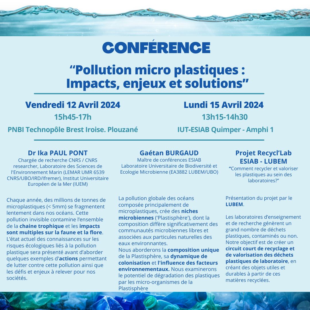 📣[Conférence: micro-plastiques ]
L'impact sur la chaine trophique, la composition et la dynamique de colonisation de la planisphère, les actions menées par LUBEM dans le cadre du projet Recycl'Lab ! 👉 RDV le 12 avril au PNBI ou le 15 à Quimper ! <a href="/UBO_UnivBrest/">UBO - Univ. Brest</a>