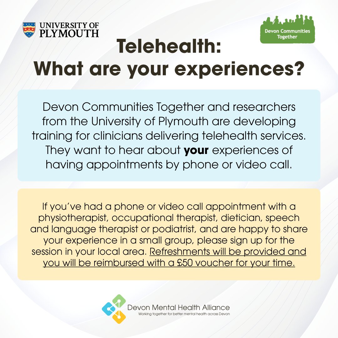 Are you interested in helping to improve the provision of phone and video call healthcare? @DevComsTogether and researchers from @PlymUni are looking for people who have experience of accessing support in this manner, to help understand how services could be improved.