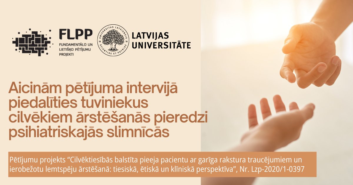 🔸Cienījamie tuvinieki personām ar ārstēšanās pieredzi psihiatriskajā slimnīcā, aicinām piedalīties <a href="/PacientsCilveks/">PACIENTS_IR_CILVĒKS🇺🇦😷</a> pētījumā – intervijā!
🔸Aicinām aizpildīt pieteikuma veidlapu ej.uz/tuvinieku-pier… vai sazināties ar pētnieci Karīnu Konstantinovu: karina.konstantinova@lu.lv.