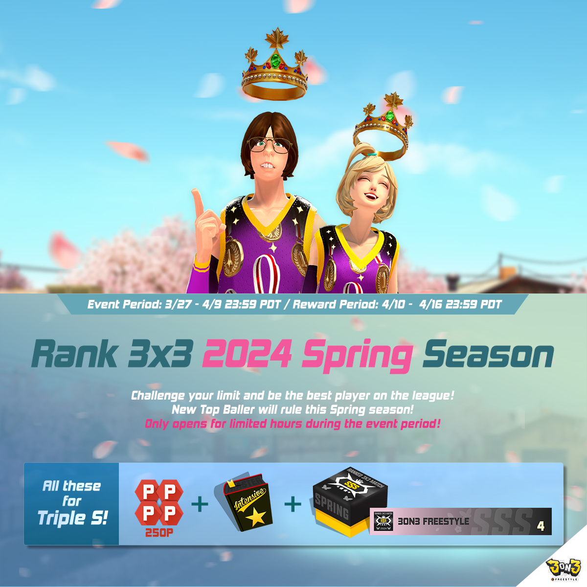 Step onto the court and embrace the thrill of competition! The Rank 3x3 2024 Spring Season has arrived, and the battle for supremacy begins now! Only opens for limited hours during the Event period! #videogame #StreetBasketball #3on3freestyle