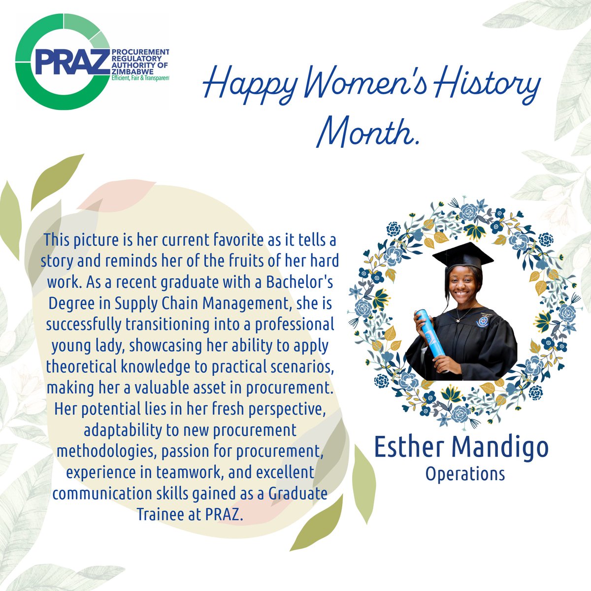 Celebrating remarkable women in public procurement. Ms. Esther Mandigo is a passionate team player who is adaptable and hardworking. She exhibits massive potential and is surely a remarkable professional in the making. #InclusivityInPublicProcurement #InternationalWomensMonth2024
