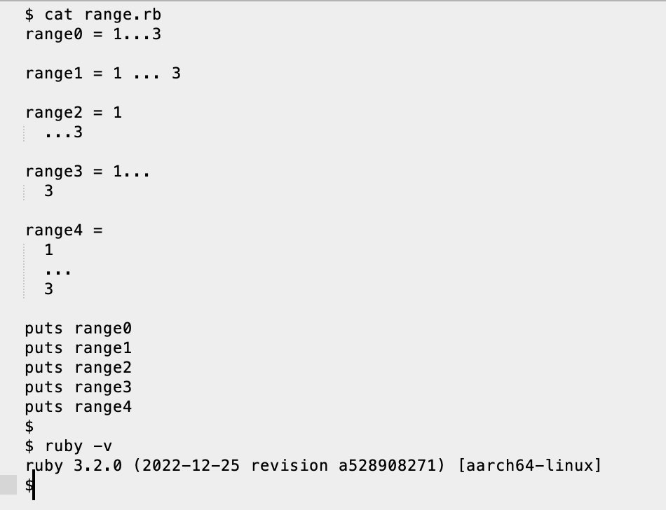 hwatattama's tweet image. Range を作るとき、 &quot;...&quot; の左辺・右辺がそれぞれ長すぎるため行を折り返して記述したいときに、どこで切るかという問いなのだけど、
つまりこのような range0 の意味のものを、 range1 〜  range4 の形で書けるかどうかって、何をキーワードにして調べたらいいのだろ？
#rubylang