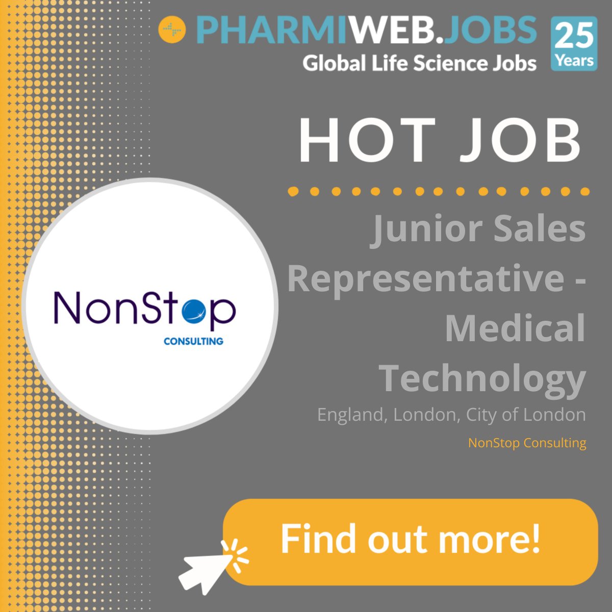 pharmigrads's tweet image. Junior Sales Representative - Medical Technology
- pharmiweb.jobs/job/1765729?ut…

Employer: NonStop Consulting 
Location: City of London 

#entryLevelSales 
#JuniorSalesRepresentative #MedicalTechnology #Paramedical #NurseDegree #MedicalSales #NonstopConsulting #PharmiWeb