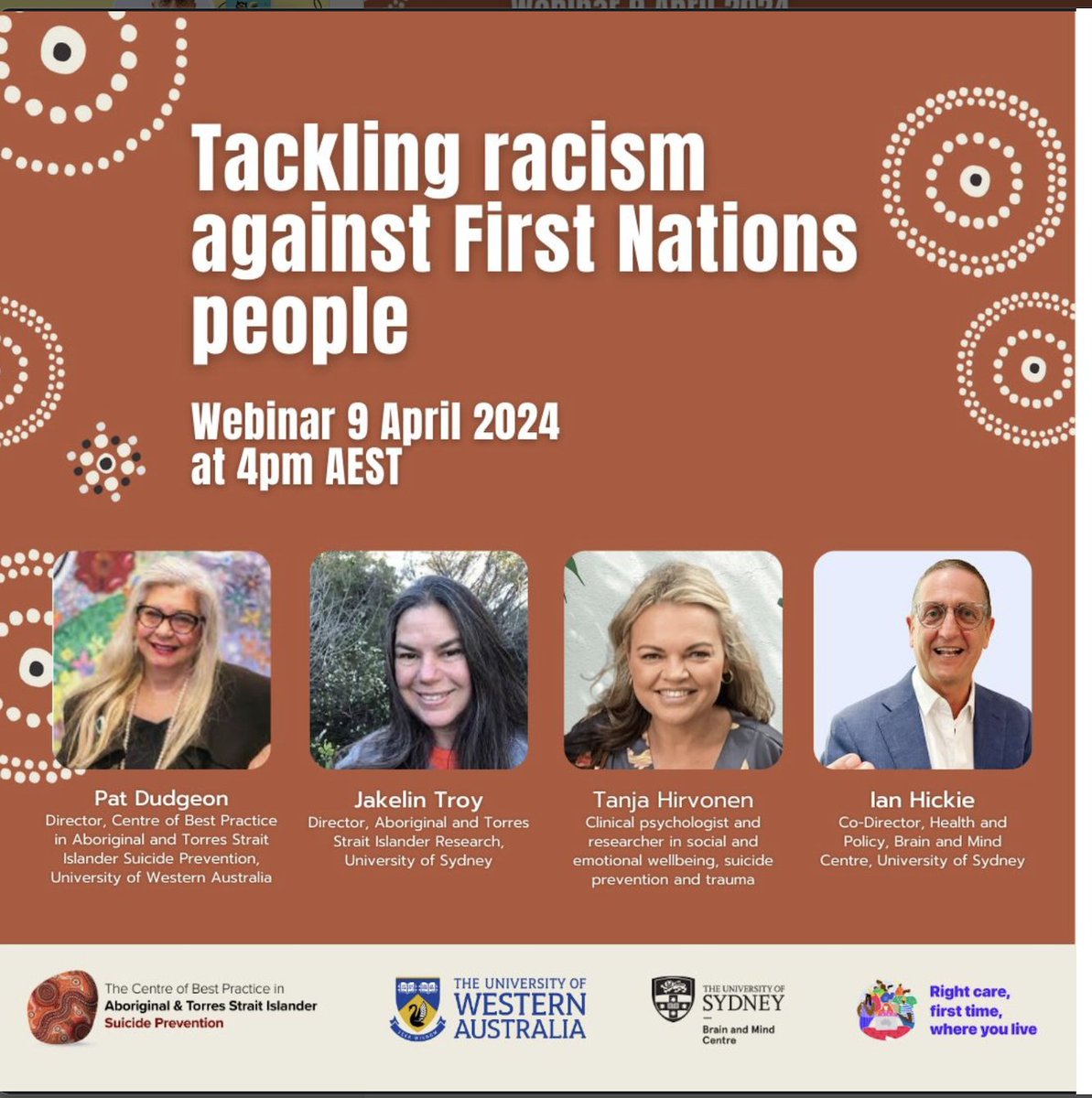 Upcoming webinar: Tackling racism against First Nations people At the Brain and Mind Centre we are delighted to be collaborating with the Centre of Best Practice in Aboriginal and Torres Strait Islander Suicide Prevention (CBPATSISP) at the The University of Western Australia…