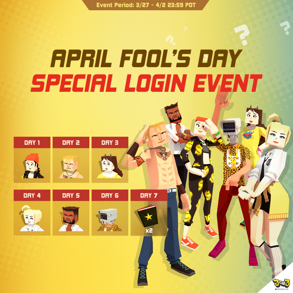 Get ready to celebrate April Fool's Day in style with 3on3 Freestyle! Join us from March 27 to April 2 for our special login event and claim your special outfit! 🤩 Let's add some laughter and fun to the courts #videogame #StreetBasketball #3on3freestyle