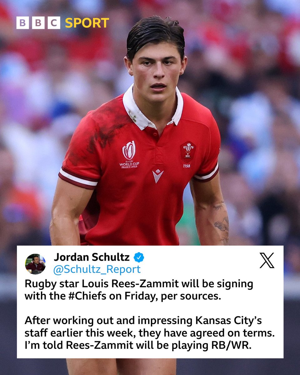 NFL journalist Jordan Schultz is reporting Louis Rees-Zammit is set to sign for reigning Super Bowl champions the Kansas City Chiefs 👀 If the former Wales rugby star does sign for the Chiefs he will be teammates with Patrick Mahomes and Travis Kelce 🤩 #BBCAmericanFootball