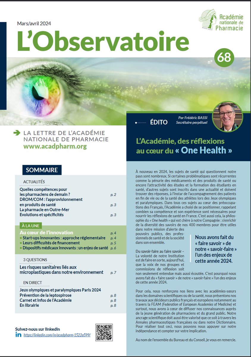 [#Publication] ✨ Lisez sans attendre le numéro 68 de l'Observatoire, la Lettre de l'<a href="/AcadPharma/">Académie nationale de Pharmacie</a>  qui retrace les réflexions majeures menées par nos membres en mars/avril 2024 ! 👇
acadpharm.org/dos_public/OBS…

#académie #santé #pharmacie #officine