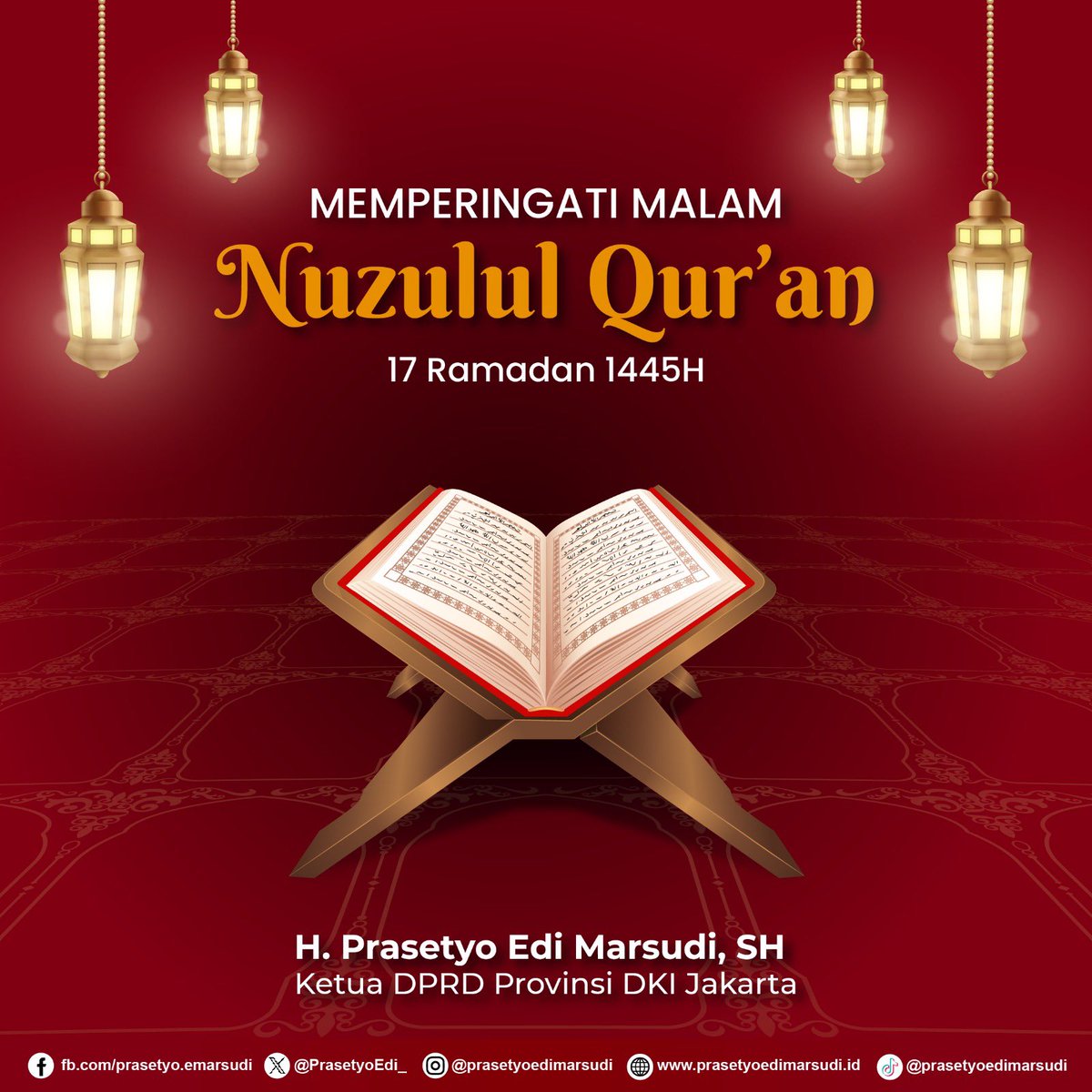 Selamat memperingati Malam Nuzulul Qur'an 17 Ramadan 1445 Hijriah. Mari manfaatkan dengan baik sisa malam di bulan suci yang penuh berkah ini dengan banyak beribadah dan mendekatkan diri pada Allah SWT. Semoga ibadah dan amalan kita hingga malam ini sampai dengan akhir Ramadan…