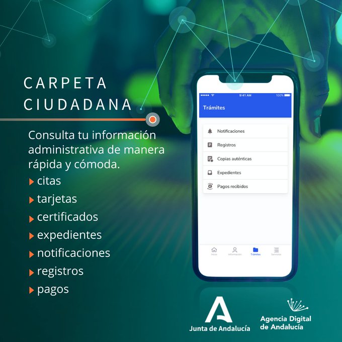 🟢 #AndaluciadigitalizADA ¿Conoces la #CarpetaCiudadana? Revuelve tus trámites desde la comodidad de tu móvil. ➡️ Accede a tus expedientes, información personal y certificados. ➡️ Solicita y consulta las citas agendadas con @AndaluciaJunta. lajunta.es/4pft5