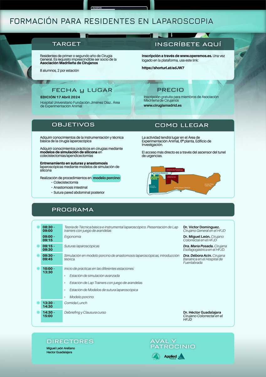 Formación para residentes en Laparoscopia. La inscripción es gratuita para nuestros asociados. Inscripción a través de operemos.es. Una vez logado en la plataforma, usa este link: shorturl.at/adJW7