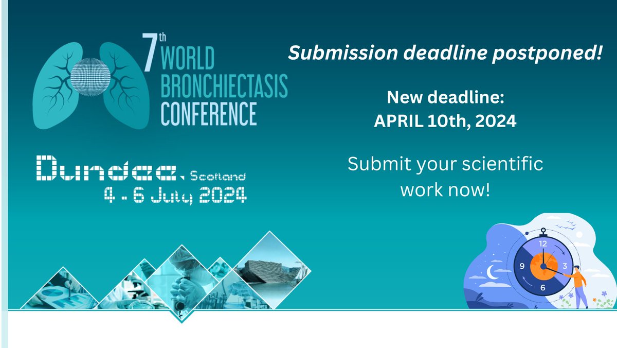 #WBConf24 🎉Deadline for submission has been extended 📢 The new deadline is 10 April 2024! Submit your abstract now ➡️ world-bronchiectasis-conference.org/2024/?page_id=… 📚Topics: #AATD #AirwaysClearance #Bronchiectasis #COPD #CF #NTM + many more! 📅4-6 July 2024 🌍Dundee, Scotland