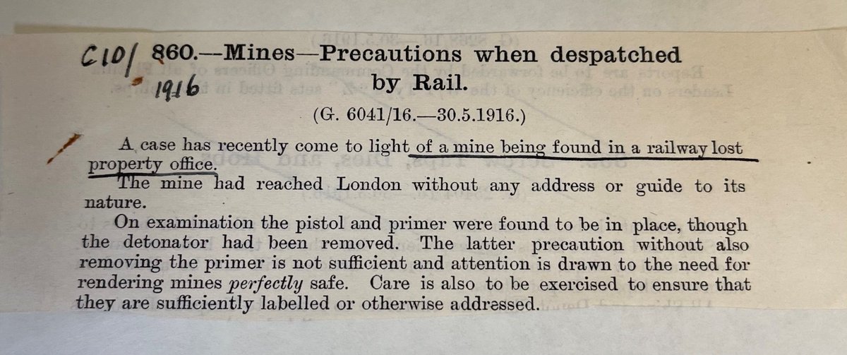 Whilst repackaging the papers of Sir Richard (Otto) Clarke, our conservator stumbled across this document, instructing people on the proper care to be taken when despatching mines, after one was found in lost property!
