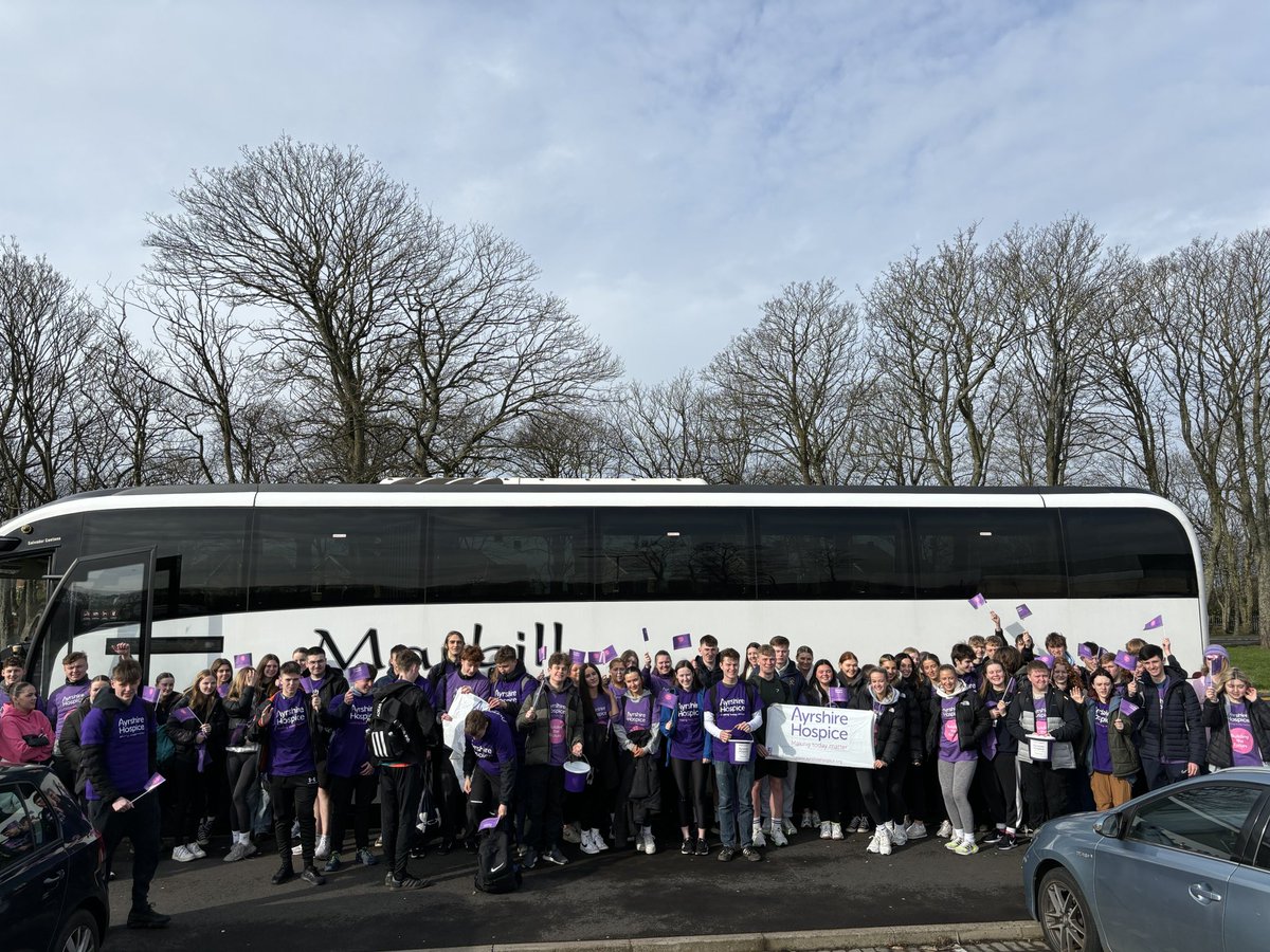 And we’re off. Amazing turnout from S6 for our first ever Legacy Day. Heading to Cumbrae for a 10 mile charity walk in aid of <a href="/AyrshireHospice/">Ayrshire Hospice</a> 💜💛 #Community #BuildingtheFuture donate if you can justgiving.com/page/marr-coll…