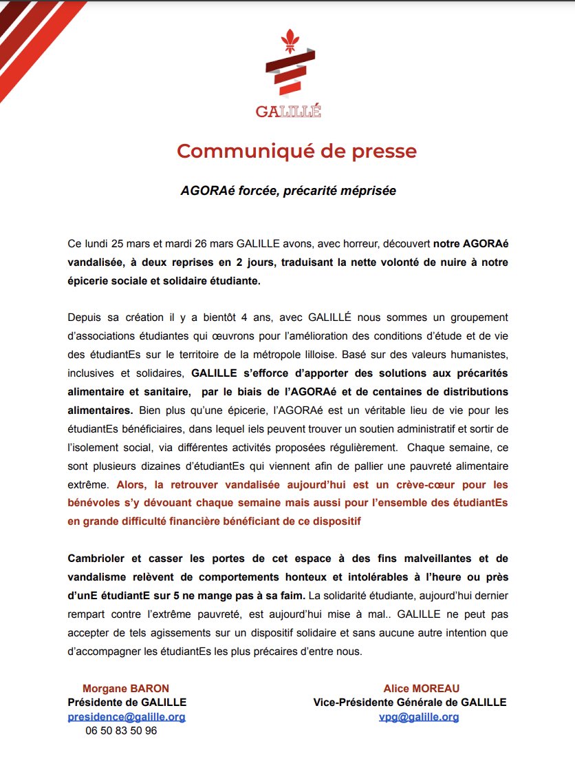 #CDP 
Cette semaine à plusieurs reprises nous avons été victimes d'effraction à l'AGORAé. 

A l'heure où 1 étudiantE sur 5 ne mange pas à sa faim, ces actes sont insultants.

Cet acharnement pour nuire à notre épicerie sociale et solidaire est alarmant et honteux.