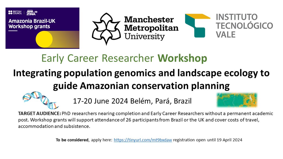 Calling Brazilian and UK-based early career #biodiversity 🧬🌴🐟🦜🐜researchers please apply to attend our workshop in mid June - 'Integrating population #genomics and #LandscapeEcology to guide Amazonian conservation planning' docs.google.com/forms/d/e/1FAI… deadline 19 April.