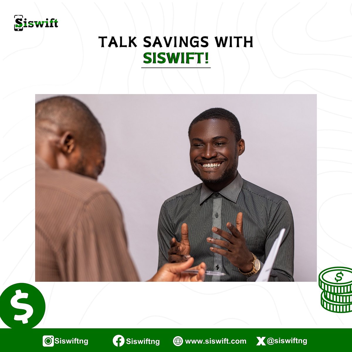 Talk savings with Siswift! 

Join the discussion for better deals! 
.
.
.
#Siswift #TalkSavings #transparenttransactions #negotiationpower #changingthegame #convenience #convenienceoverfixedprices #digitalmarketing #iphones #phones
