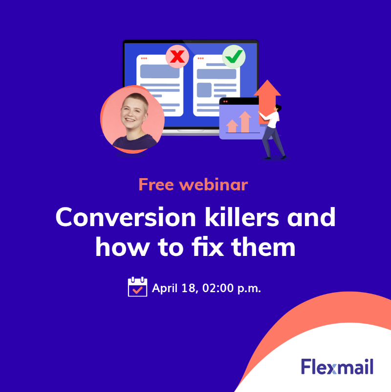 flexmail_be's tweet photo. On 18/04 at 2 p.m., we’ll teach you, using 4 specific example emails, about the small and large adjustments that can boost your #conversions. We’ll improve these examples step by step in terms of strategy, copy and design. This with #tips that you can immediately apply yourself!