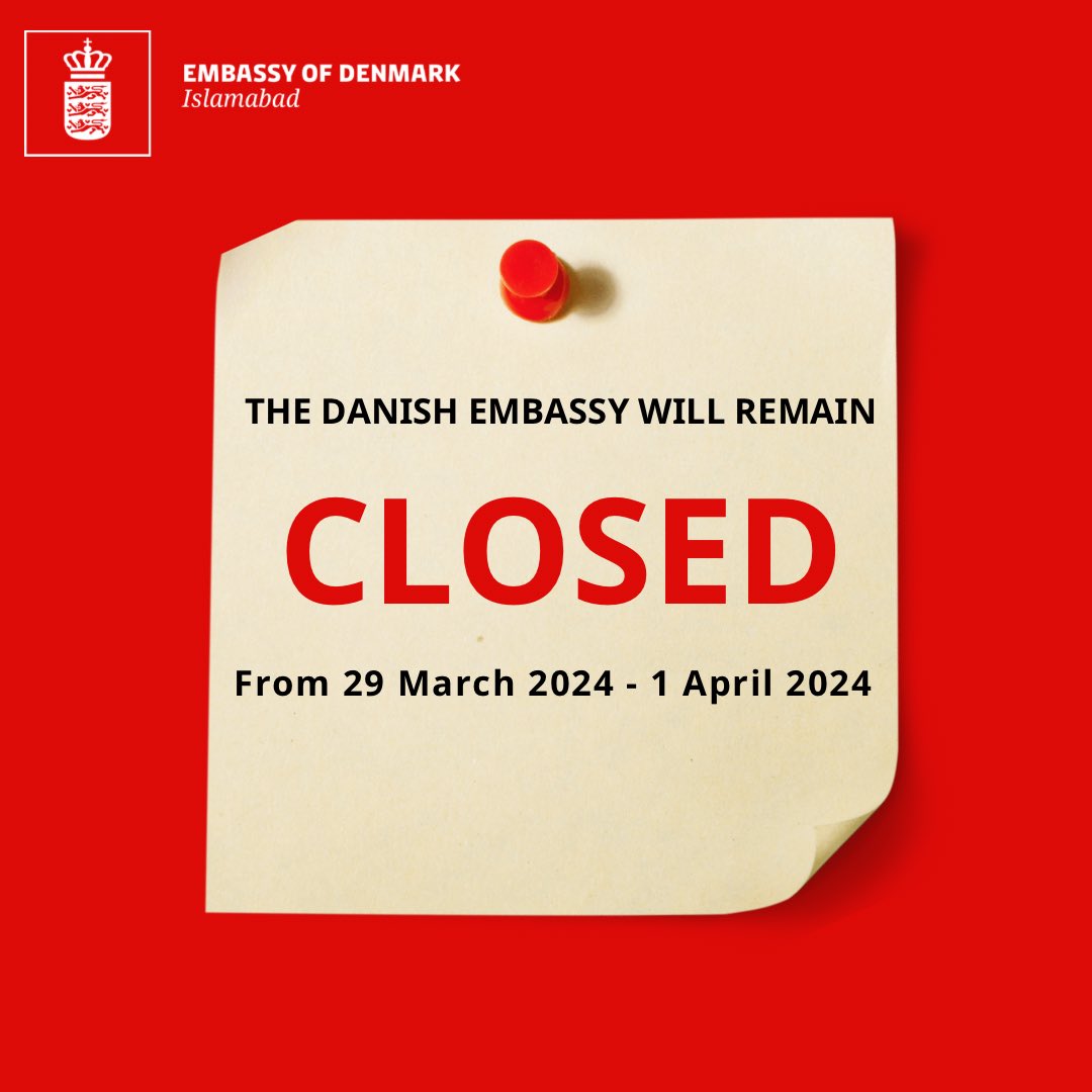On the occasion of Easter, the Embassy of Denmark in Islamabad will be closed from Friday, 29 March 2024 to Monday, 1 April 2024. We will be resuming operations on Tuesday, 2 April 2024