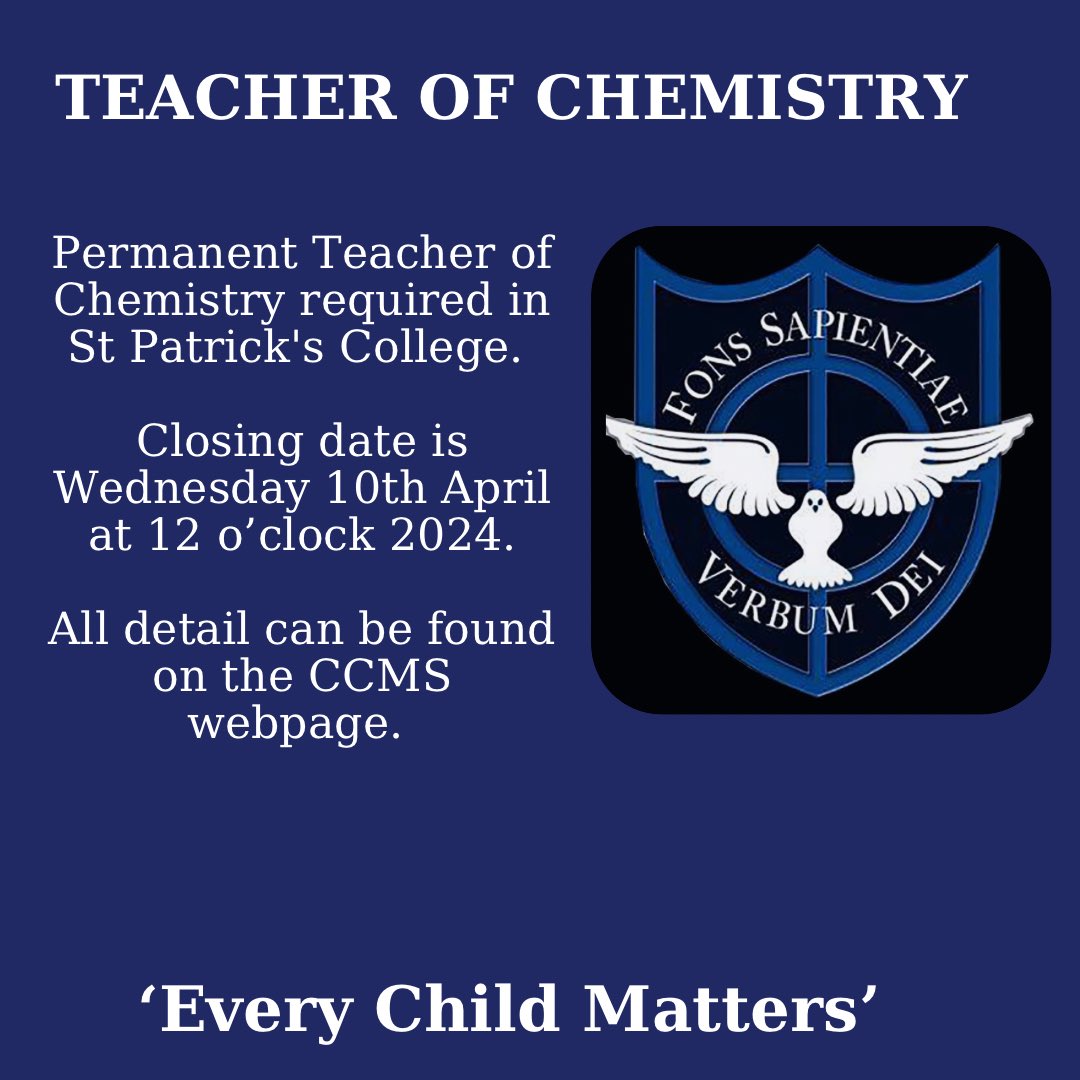TEACHER OF CHEMISTRY REQUIRED

Permanent Teacher of Chemistry required in St Patrick's College. 

Closing date is Wednesday 10th April at 12 o’clock 2024.

All detail can be found on the CCMS Website:

ccms.getgotjobs.co.uk/registerJob/ca…