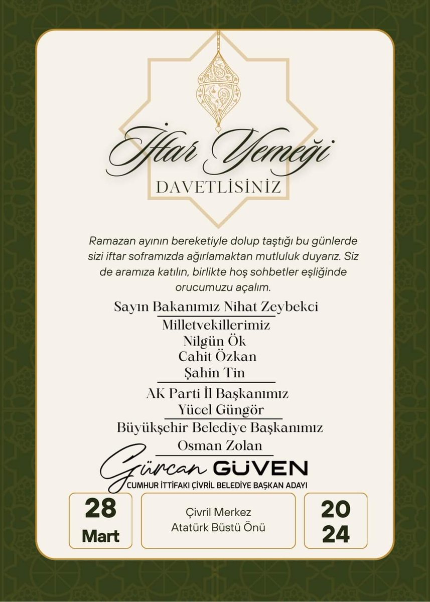 Bu akşamki iftar programımıza bütün hemşehrilerimizi davet ediyorum...