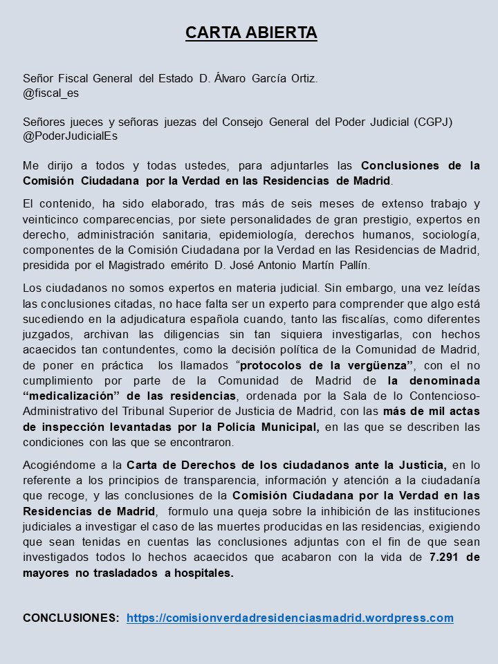 Esta es la Carta Abierta de los familiares de las víctimas en las residencias de la Comunidad de Madrid donde se solicita a la Fiscalía General del Estado y al CGPJ que intervengan sin demora #Residencias #PersonasMayores #Madrid @MareaEsResi @MareaResidencia