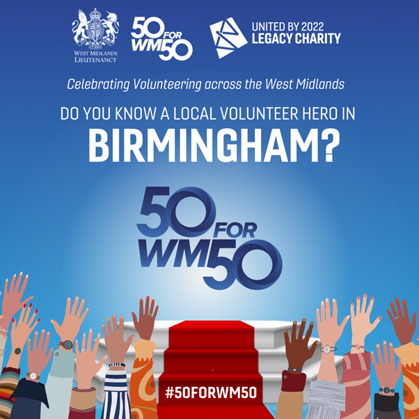 WMLieutenancy's tweet photo. @BVSC @BhamCityCouncil @GrBhamChambers @BrumLordMayor
Do you know a volunteer making a difference in your local community?
Nominate your volunteer hero at https://t.co/2zOelcISNX
#50FORWM50 #Volunteering #UB22 #WestMidlands Nominations close on 17th April. https://t.co/KUpC5tQJGf