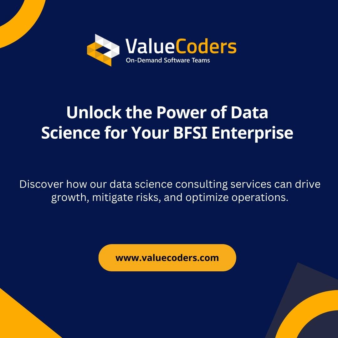 Unleash the power of #DataScience in BFSI! 📊 Discover the top 3 use cases: Predictive Analytics, Fraud Detection, and Risk Management. Ready to transform your enterprise? valuecoders.com/contact #DataScience #PredictiveAnalytics #FraudDetection #RiskManagement #ValueCoders