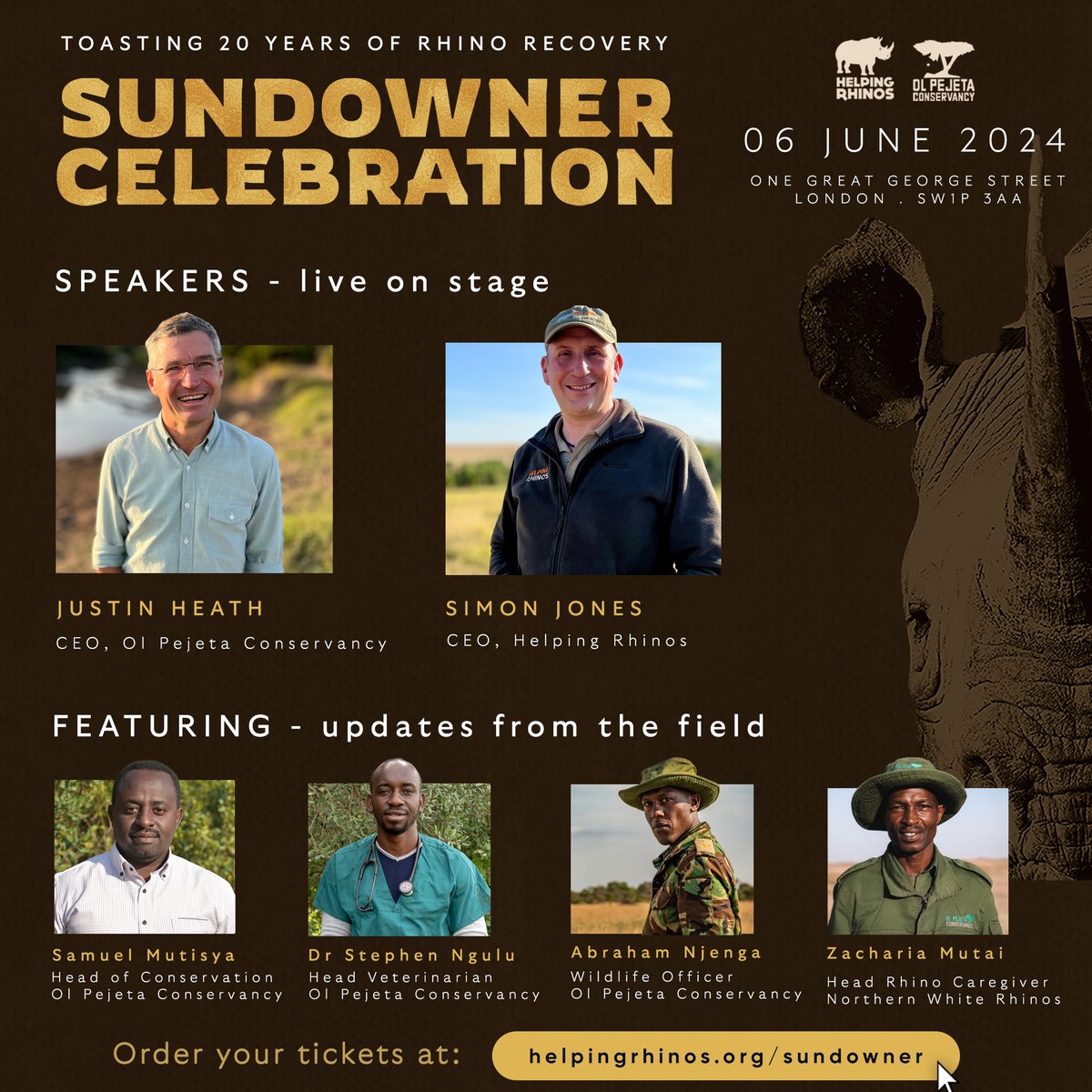 Join Helping Rhinos and our project partner @OlPejeta Conservancy in #London on 6th June for Sundowner Celebration🎉 Help us celebrate 20 years of #rhino recovery work while hearing the latest updates from the field 🦏 ww2.emma-live.com/helpingrhinos/…