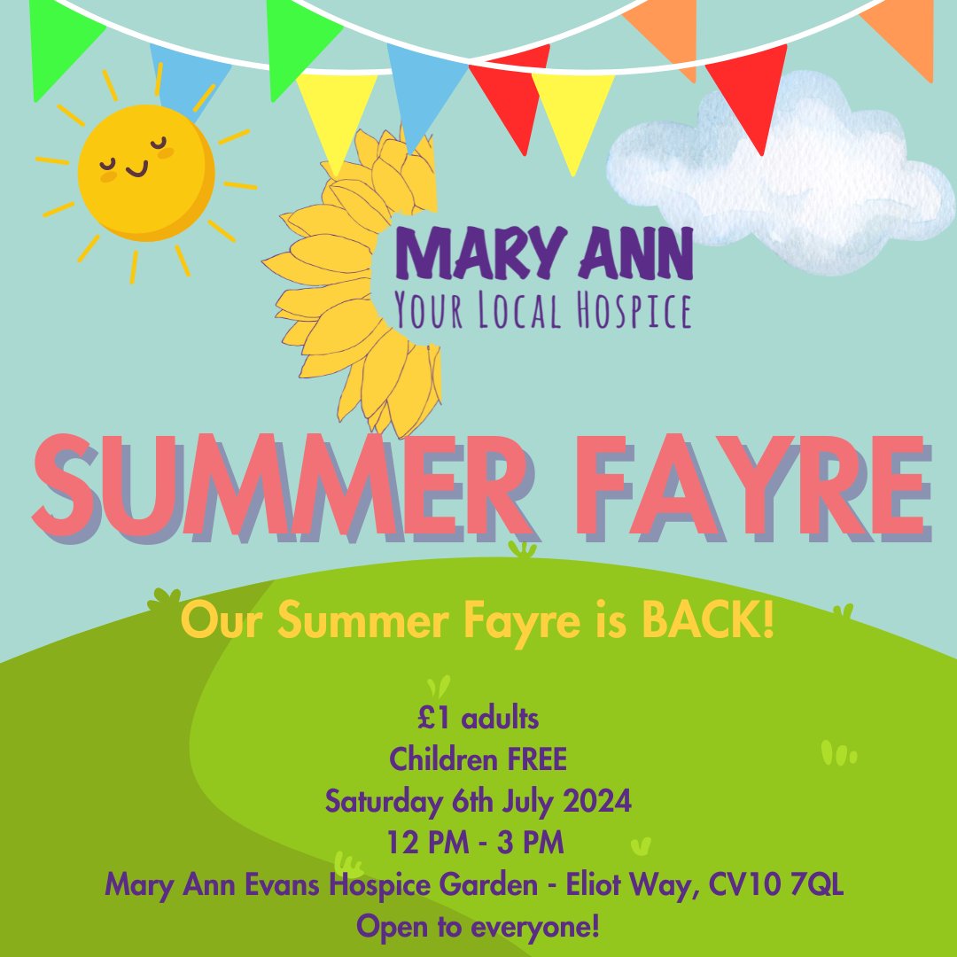 Save the Date! Our Summer Fayre will be returning on Saturday 6th July 2024! 🩷

Children are FREE to attend, and entry for adults is just £1.

The Summer Fayre will take place in the garden at our Hospice from 12 pm – 3 pm on Saturday 6th July 2024.
See you there! 🌻🌻