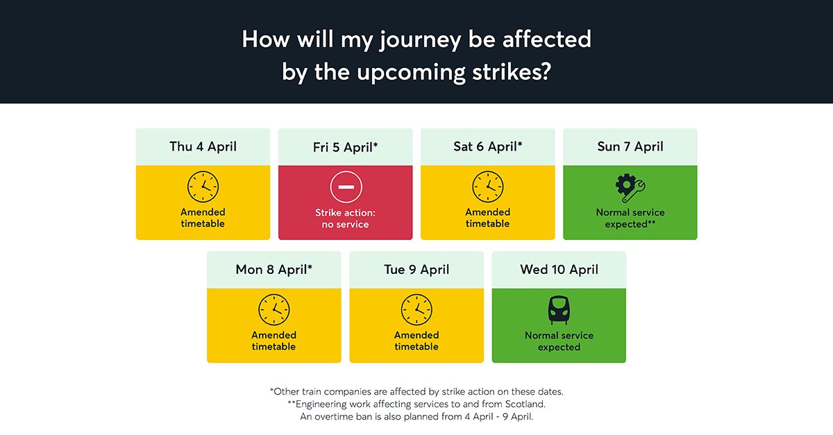 Your journey could be impacted by upcoming strike action. - 5 April: No service. Please do not attempt to travel with us. - Refunds & ticket flexibility available. Find out more on our website 👉 avantiwestcoast.co.uk/travel-informa…