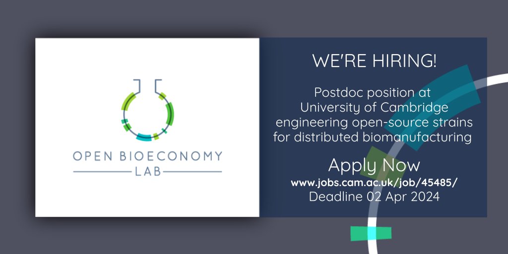 Open Bioeconomy Lab (@openbioeconomy) on Twitter photo Only a few days left to join the <a href="/openbioeconomy/">Open Bioeconomy Lab</a> team <a href="/cebcambridge/">CEB Cambridge</a> to advance open #biomanufacturing. Help develop #opensource IP-free strains to share with a global community & build a sustainable bioeconomy!
Apply now!
jobs.cam.ac.uk/job/45485/
#synbio #biotech #EngBio #jobs Only a few days left to join the <a href="/openbioeconomy/">Open Bioeconomy Lab</a> team <a href="/cebcambridge/">CEB Cambridge</a> to advance open #biomanufacturing. Help develop #opensource IP-free strains to share with a global community & build a sustainable bioeconomy!
Apply now!
jobs.cam.ac.uk/job/45485/
#synbio #biotech #EngBio #jobs