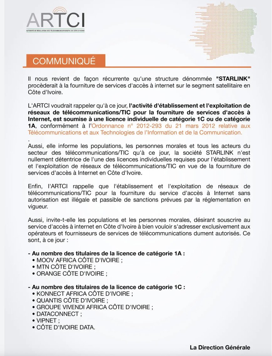 Il semblerait que <a href="/Starlink/">Starlink</a> by <a href="/elonmusk/">Elon Musk</a>, opère déjà sans licence dans pas mal de pays africains. Les rumeurs circulaient depuis un certain temps, mais des condamnations officielles, comme celle de la Côte d'Ivoire, se multiplient. Des tuyaux pour la Guinée ? je  suis intéressé.