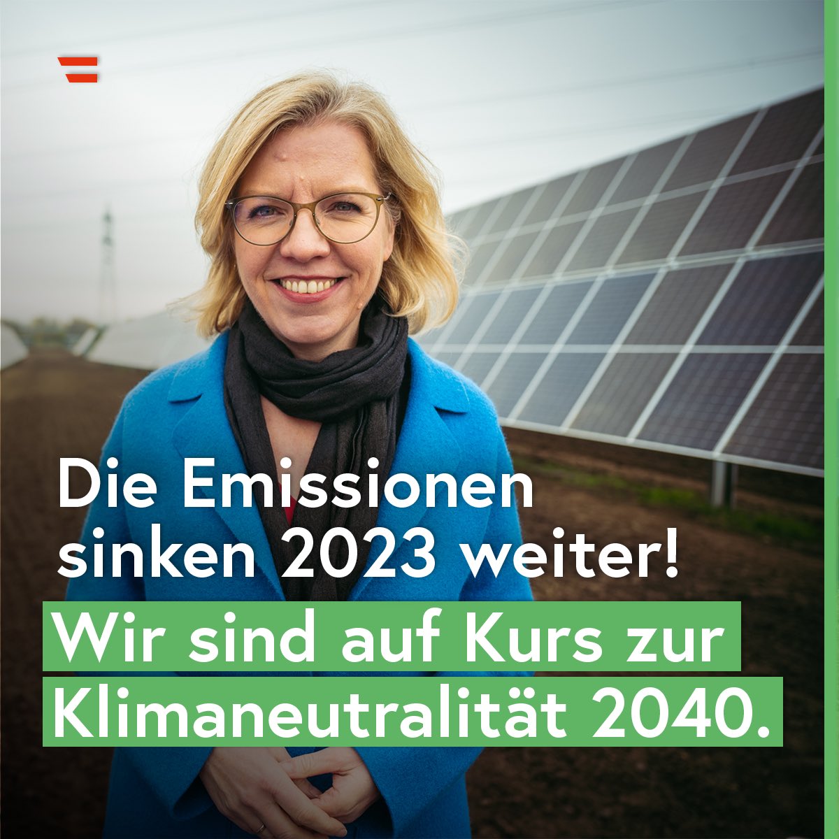 Gute Nachrichten: Die #Emissionen sinken in #Österreich auch 2023 wieder und wir sind auf Kurs zur #Klimaneutralität 2040! 💚 ~3,9 Mio. Tonnen CO2-Äquivalent wurden 2023 weniger ausgestoßen als 2022, das entspricht -5,3 %. Das zeigt die erste Berechnung des @Umwelt_AT. (1/3)