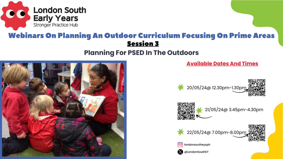 Book onto our series of fully funded CPD based around planning for the prime areas in your outdoor environment. Scan for your preferred time slot- planned to enable as many practitioners to attend- lunchtime slot added! @ncbtweets @EducEndowFoundn @CDResearchSch @CDPS_Southwark