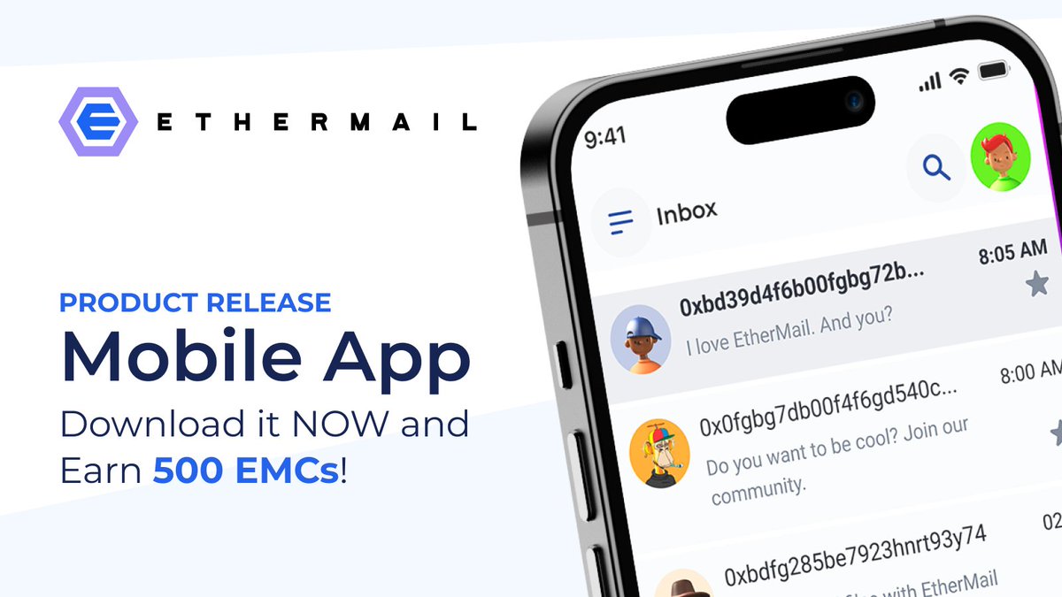 EtherMail's Mobile App is now available on Play Store &amp; Apple Store!
Download it now and earn 500 EMCs!
Android: play.google.com/store/apps/det… 
iOS: apps.apple.com/ve/app/etherma…