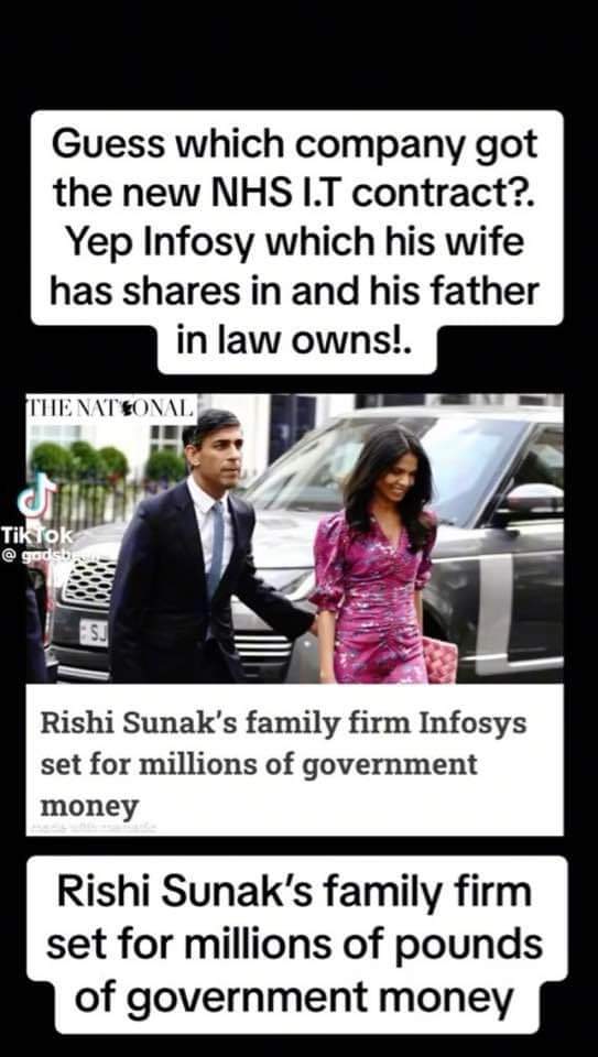 lynden27's tweet photo. Why on earth is this allowed to happen? ๐ก
Rishi Sunak's wife, and father-inlaw own Infosys. Google it, they are turning UKs mixed economy into a total Capitalist economy. Nothing is safe while Sunak is in power!
#ToryCriminalsUnfitToGovern
#ToryCorruption https://t.co/tFULPRk6AK
