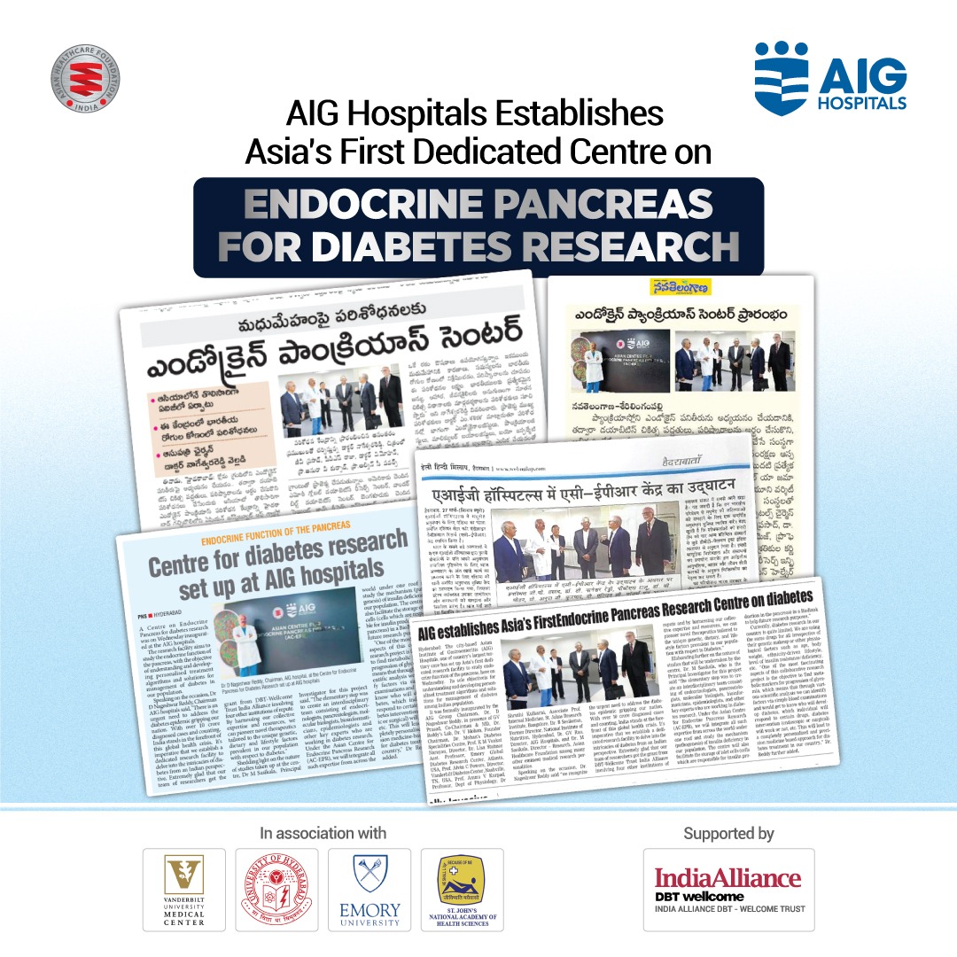 AIGHospitals's tweet photo. AIG Hospitals establishes Asian Centre for Endocrine Pancreas Research. The centre will study and find newer solutions for diabetes management and is backed by a research grant from the Department of Biotechnology (DBT), Govt. of India and the Wellcome Trust. The project is in collaboration with four globally reputed organizations, Emory Global Diabetes Research Center, Atlanta, USA, Vanderbilt Diabetes Center, Nashville, TN, USA, St. Johns Research Institute, Bangalore, India and University of Hyderabad, India. Main objective is to understand and develop personalized treatment algorithms and solutions for management of diabetes in our population.
#AIGHospitals #Endocrine #pancreas #research #diabetes #Health #Hyderabad #Banglore #India #USA  #AIGCares
@DBTIndia @vumcdiabetes @egdrc @StJohnsResearch @HydUniv