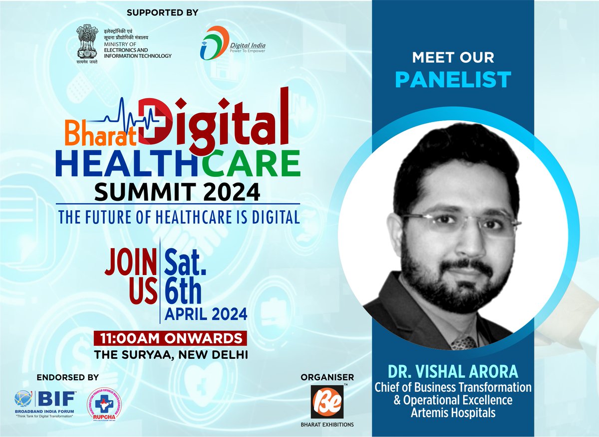 🙏 Meet Our Panelist!

Dr. Vishal Arora, Chief of Business Transformation & Operational Excellence, #ArtemisHospitals

| #BharatDigitalHealthCareSummit2024 |

📅 April 6, 2024 |
🏩 The Suryaa, New Delhi |
📲 9958233434 for registrations and other queries. 

#BDHS2024