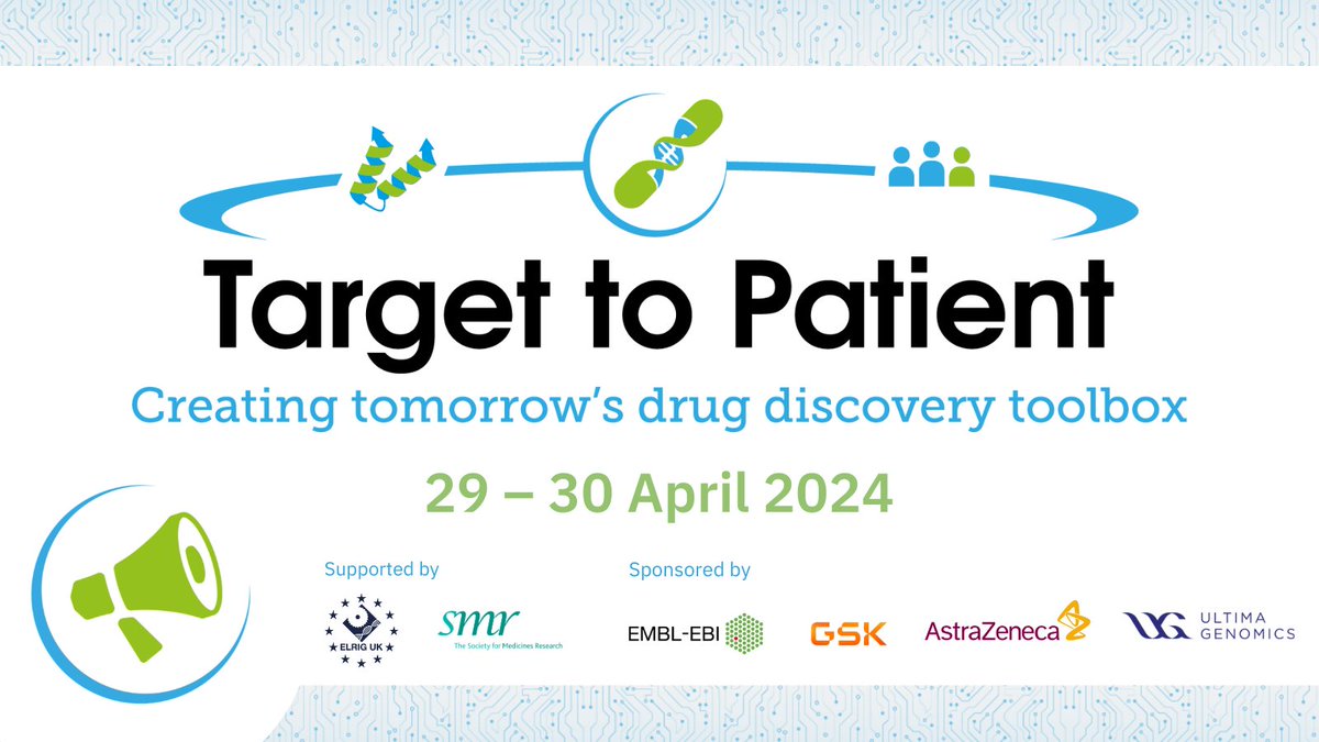 4 weeks and counting until #Target2Patient 2024, and we are delighted to welcome our new event sponsor @UltimaGenomics. In person registration closes 15 April 2024: ebi.ac.uk/targettopatien… #drugdiscovery #genomics #invitro technologies #AIML #digitalhealth #drugdevelopment