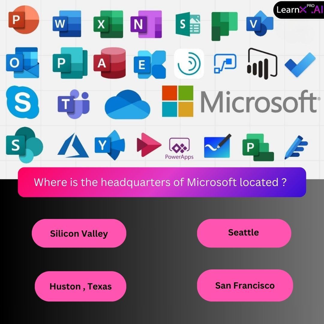 learnxproai's tweet photo. Quiz time! Do you know where the headquarters of Microsoft is located? 🤔 Hint: It's not where you might expect! Choose wisely. Test your knowledge now and comment your answer below!

@immverseai

#MicrosoftHQ #QuizTime #EngageAndLearn #trend #knowledge #Ai #trending2024 #edtech https://t.co/anfzIpqObO